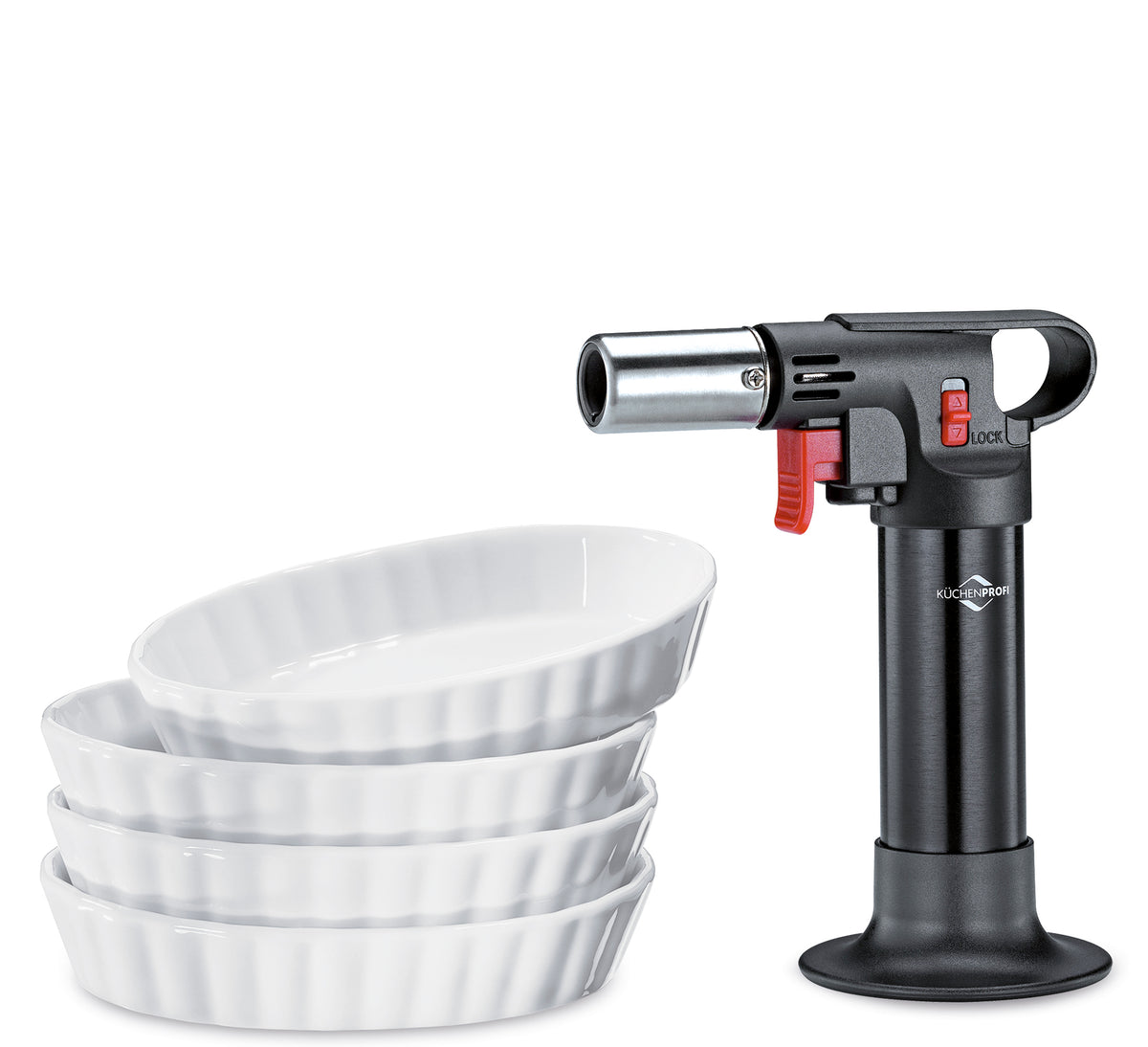 Crème brûlée-sett med gassbrenner og 4 skåler, ECO