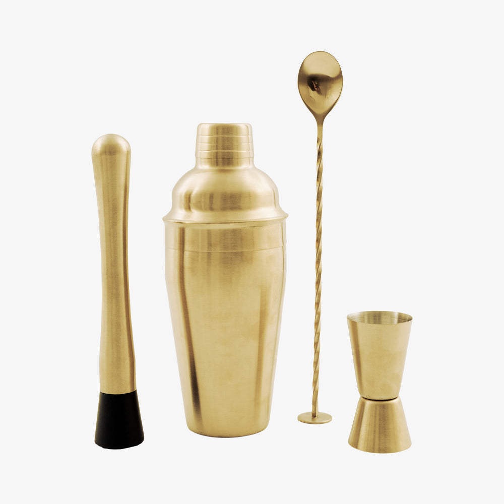 Cocktailsæt i rustfrit stål guld med muddler, shaker, barpind og måleglas.