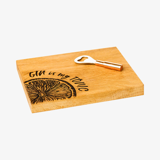 Cutting board and bottle opener G&T set in oak