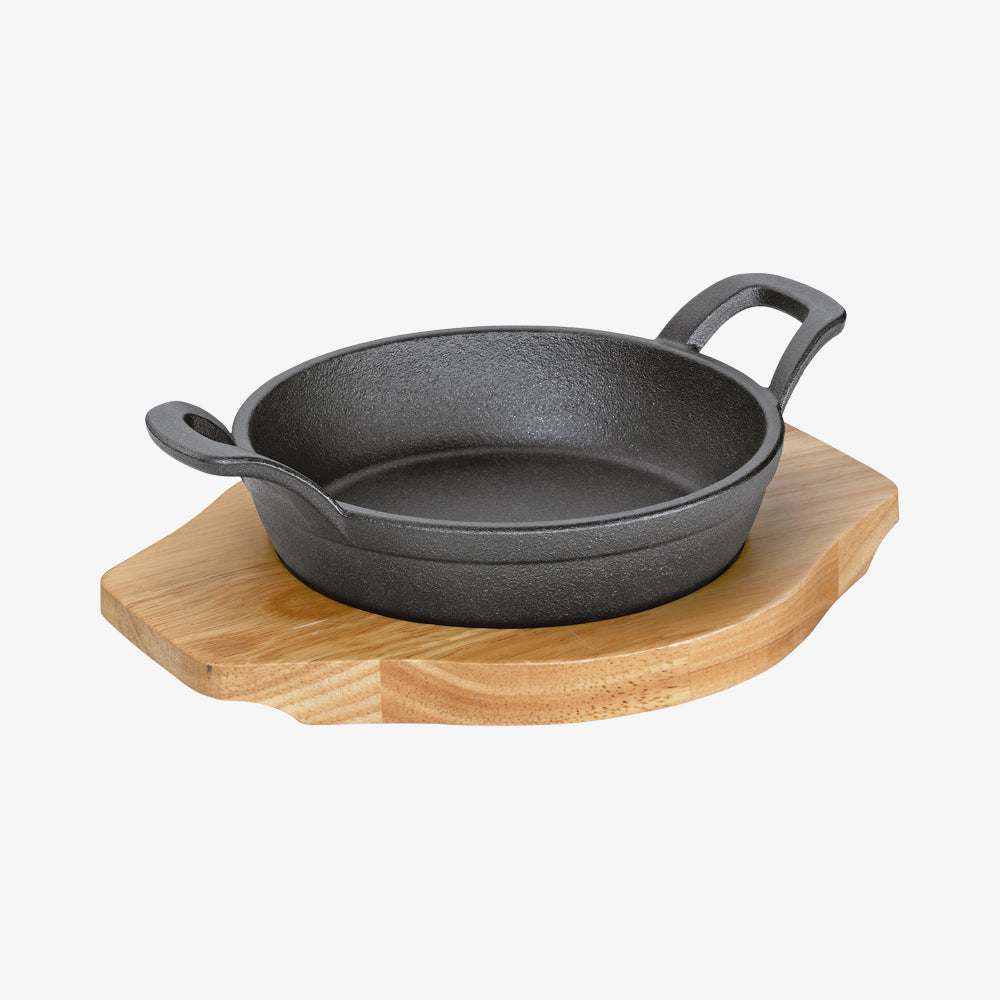 Rund serveringspanne med 2 håndtak og treplate