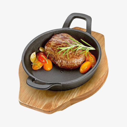 Rund serveringspanna med 2 handtag och träplatta