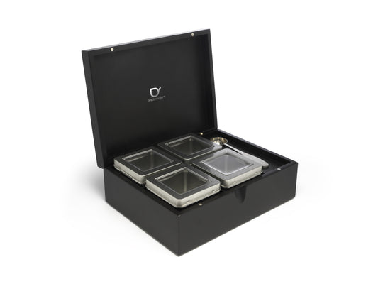 Tea box black with 4 canisters and spoon