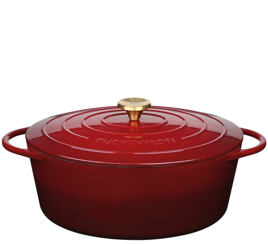 Støbejernsgryde oval m/låg, rød, Ø33cm PROVENCE