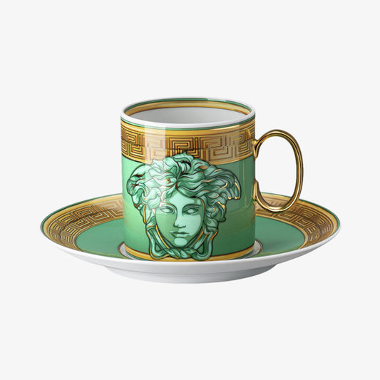 Cup/Saucer 4 tall, Green Coin, Medusa Amplified