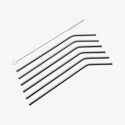 Steel straw with cleaning brush curved 6 pieces