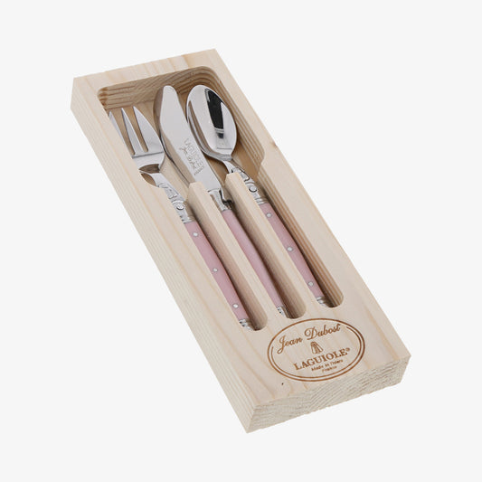 Laguiole children's cutlery, 3 pieces, pink in wooden box