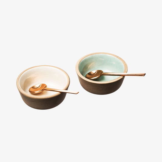 Bowl sets in stoneware with copper spoons 2 pieces